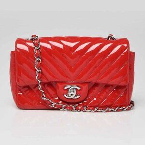 Chanel Red Chevron Quilted Patent Leather Classic Rectangular Mini Flap Bag